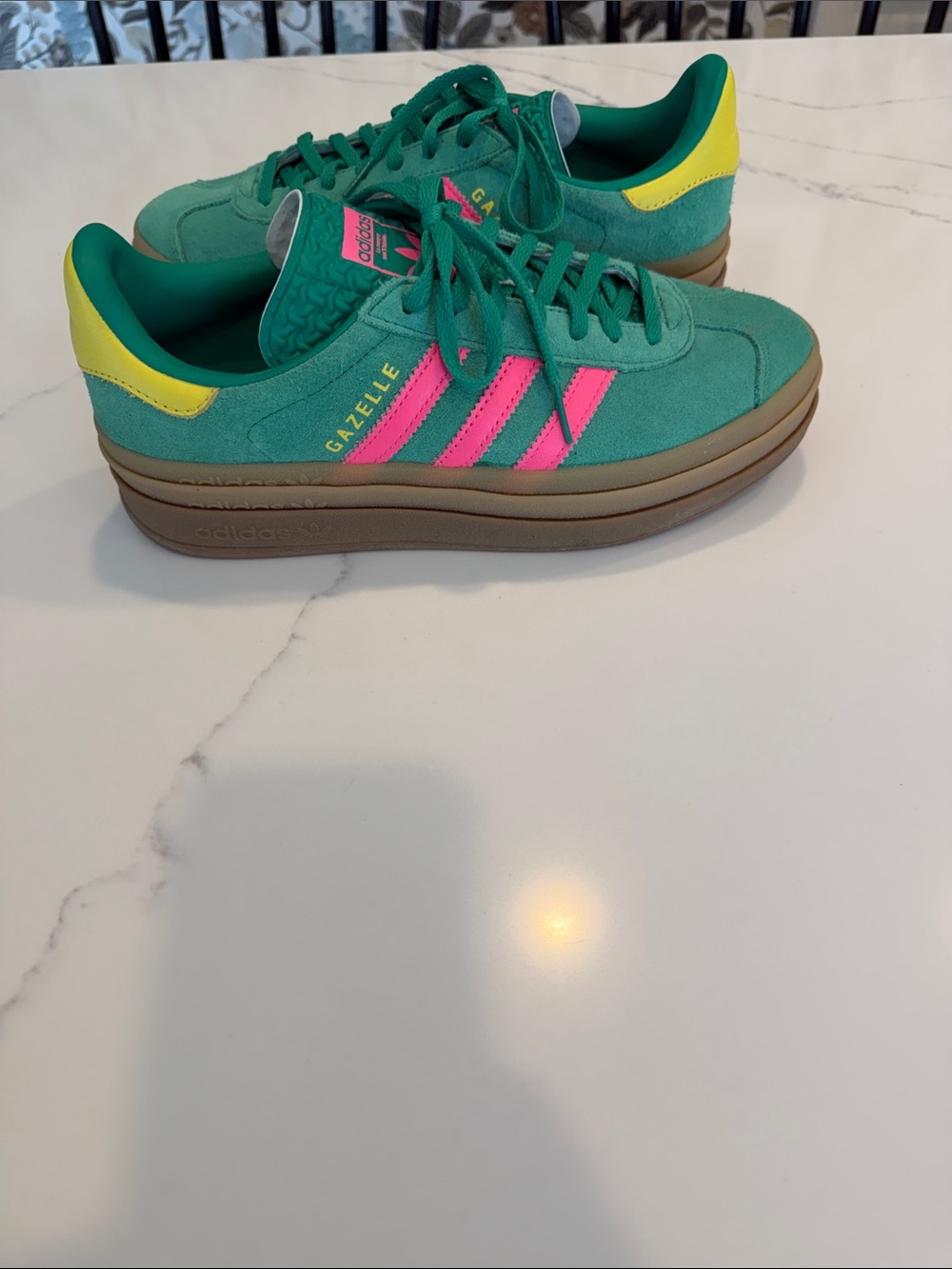 adidas gazelle Green Suede Sneakers with Pink Stripes and Yellow Heel